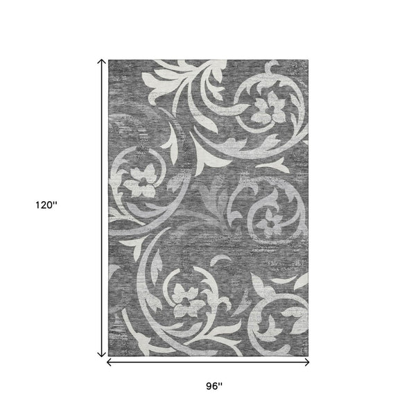 HomeRoots 8' X 10' Charcoal Floral Area Rug – Washable, UV-Protected, Stylish & Durable for High-Traffic Areas 664108