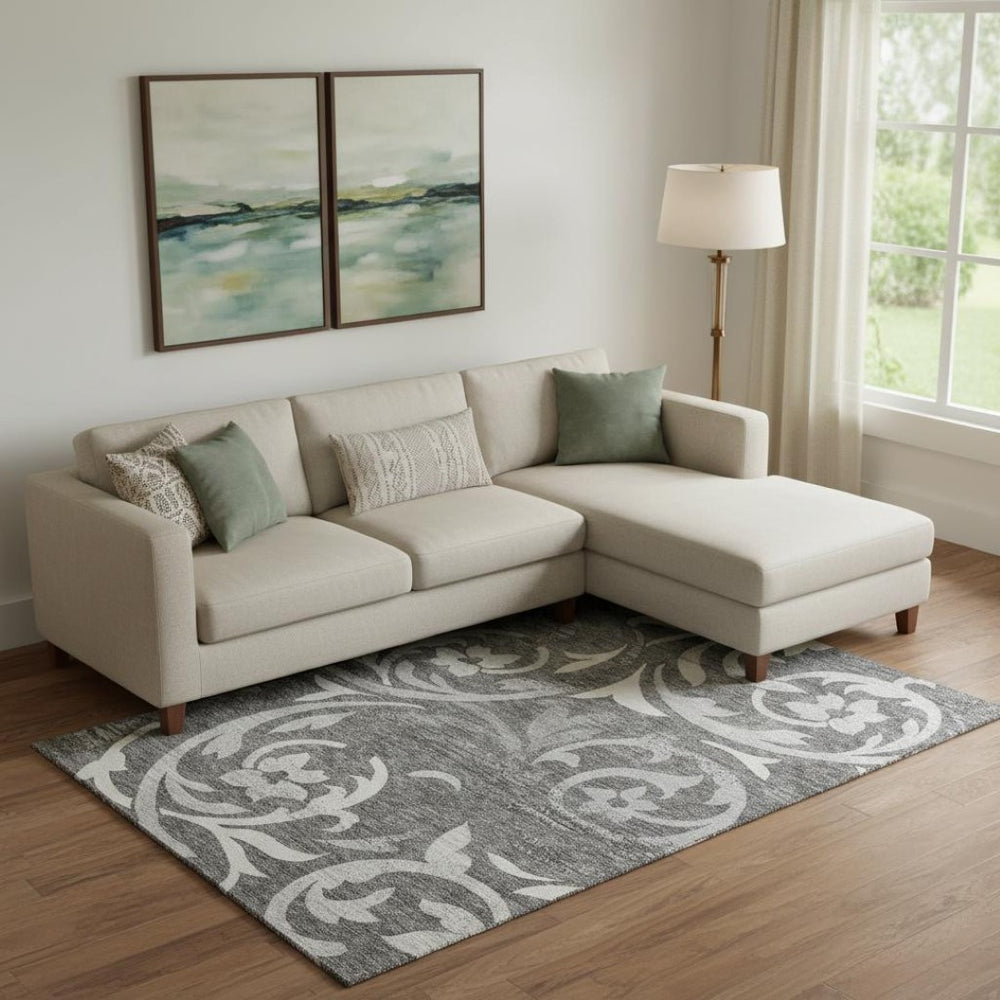 HomeRoots 8' X 10' Charcoal Floral Area Rug – Washable, UV-Protected, Stylish & Durable for High-Traffic Areas 664108