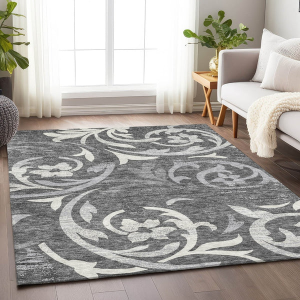 HomeRoots 8' X 10' Charcoal Floral Area Rug – Washable, UV-Protected, Stylish & Durable for High-Traffic Areas 664108