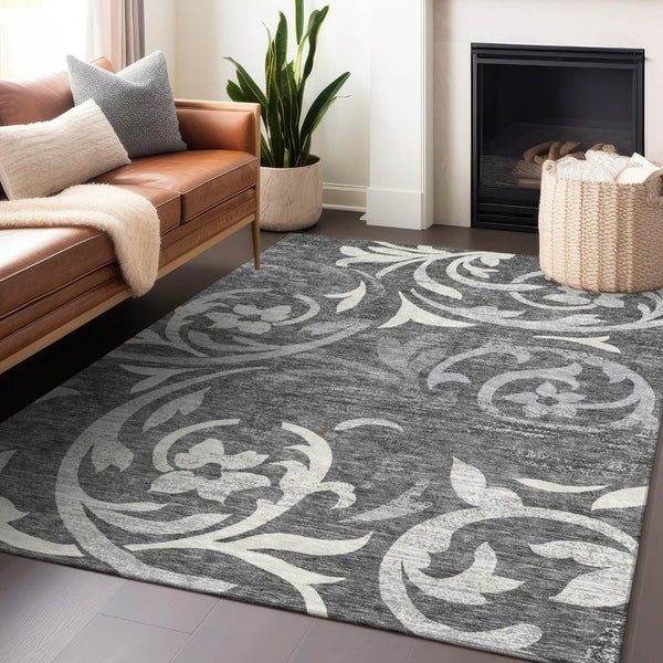 HomeRoots 8' X 10' Charcoal Floral Area Rug – Washable, UV-Protected, Stylish & Durable for High-Traffic Areas 664108
