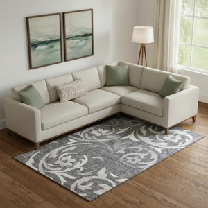 HomeRoots 9' X 12' Charcoal Floral Area Rug - Washable, UV-Protected, Durable, Perfect for High-Traffic Homes 664109