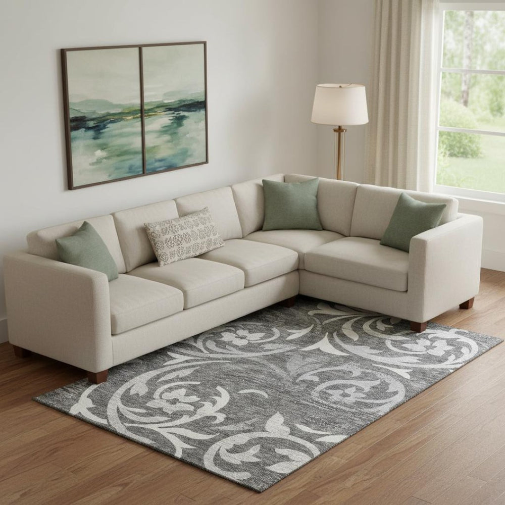 HomeRoots 10' Charcoal Silver & Gray Floral Washable Area Rug - Durable, UV-Protected, Stylish for Any Space 664110