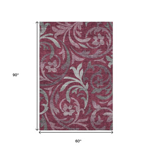 HomeRoots 5' X 8' Burgundy Gray Silver Floral Area Rug - Washable, Stain Resistant, UV Protected for Homes 664112