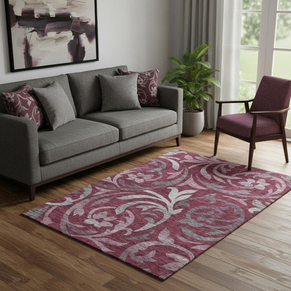 HomeRoots 5' X 8' Burgundy Gray Silver Floral Area Rug - Washable, Stain Resistant, UV Protected for Homes 664112
