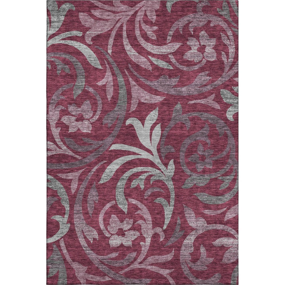 HomeRoots 5' X 8' Burgundy Gray Silver Floral Area Rug - Washable, Stain Resistant, UV Protected for Homes 664112