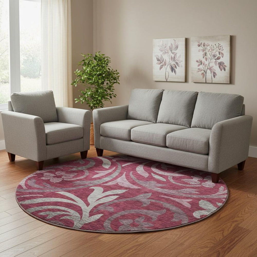 HomeRoots 8' Elegant Burgundy, Gray & Silver Floral Washable Round Rug with UV Protection for All Spaces 664113