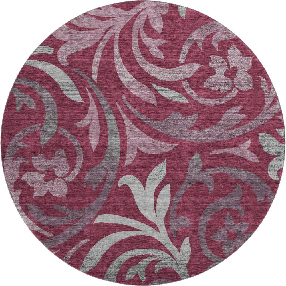 HomeRoots 8' Elegant Burgundy, Gray & Silver Floral Washable Round Rug with UV Protection for All Spaces 664113