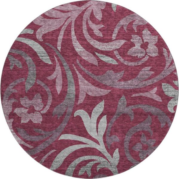 HomeRoots 8' Elegant Burgundy, Gray & Silver Floral Washable Round Rug with UV Protection for All Spaces 664113