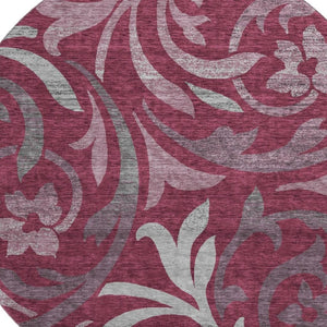 HomeRoots 8' Elegant Burgundy, Gray & Silver Floral Washable Round Rug with UV Protection for All Spaces 664113