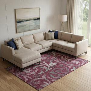 HomeRoots 8' X 10' Burgundy Gray Silver Floral Area Rug - Durable, Washable, UV-Protected for Family Spaces 664114