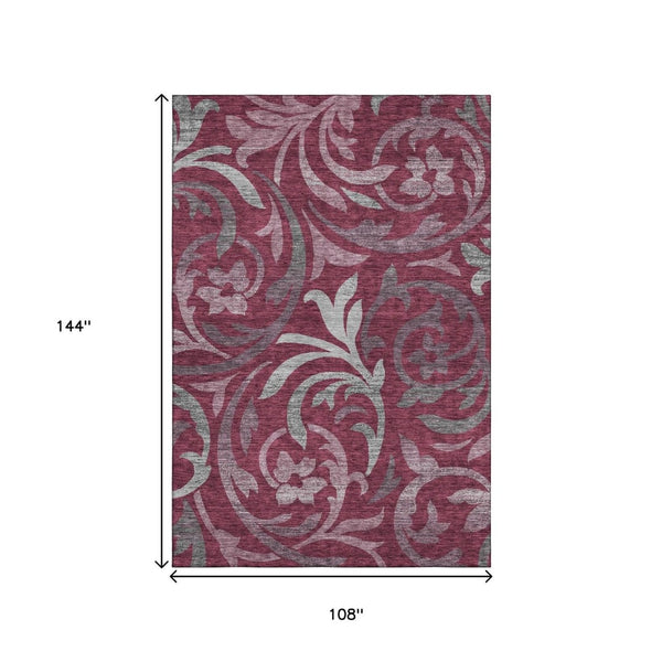 HomeRoots 9' X 12' Elegant Burgundy Gray Floral Area Rug - Washable, UV Protected, Stain Resistant, Durable Design 664115