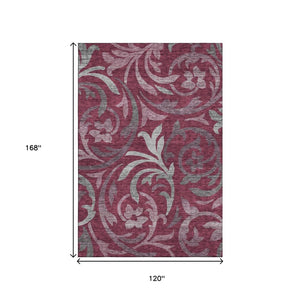 HomeRoots 10' Burgundy Gray Silver Floral Washable Area Rug - Durable, Stylish, UV Protected for Large Spaces 664116