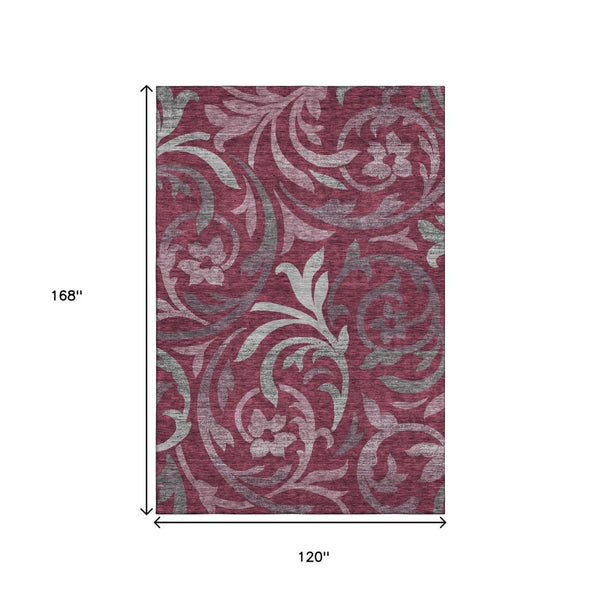HomeRoots 10' Burgundy Gray Silver Floral Washable Area Rug - Durable, Stylish, UV Protected for Large Spaces 664116