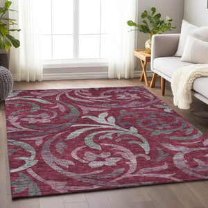 HomeRoots 10' Burgundy Gray Silver Floral Washable Area Rug - Durable, Stylish, UV Protected for Large Spaces 664116