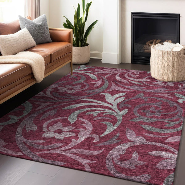 HomeRoots 10' Burgundy Gray Silver Floral Washable Area Rug - Durable, Stylish, UV Protected for Large Spaces 664116