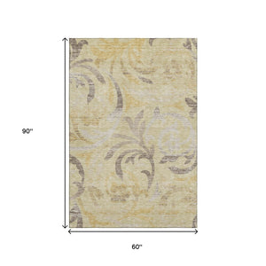 HomeRoots 5' X 8' Stunning Gold Beige Taupe Floral Washable Area Rug – UV Protected, Durable & Stylish Decor 664118
