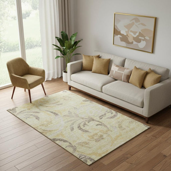 HomeRoots 5' X 8' Stunning Gold Beige Taupe Floral Washable Area Rug – UV Protected, Durable & Stylish Decor 664118