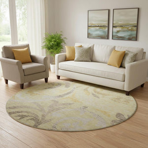 HomeRoots 8' Washable Gold Beige Taupe Floral Round Rug with UV Protection for Timeless Elegance & Durability 664119