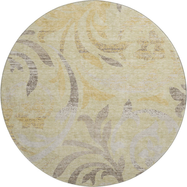 HomeRoots 8' Washable Gold Beige Taupe Floral Round Rug with UV Protection for Timeless Elegance & Durability 664119
