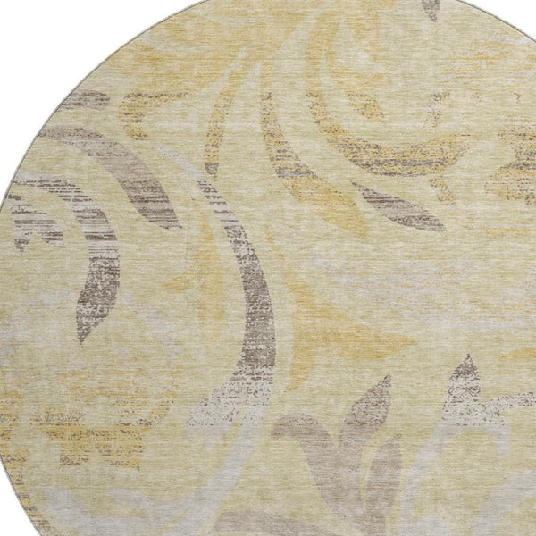 HomeRoots 8' Washable Gold Beige Taupe Floral Round Rug with UV Protection for Timeless Elegance & Durability 664119