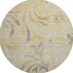 HomeRoots 8' Washable Gold Beige Taupe Floral Round Rug with UV Protection for Timeless Elegance & Durability 664119