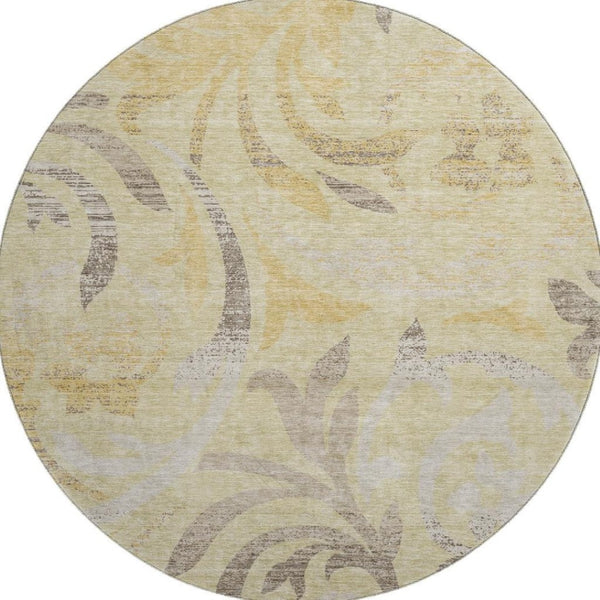HomeRoots 8' Washable Gold Beige Taupe Floral Round Rug with UV Protection for Timeless Elegance & Durability 664119