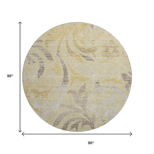 HomeRoots 8' Washable Gold Beige Taupe Floral Round Rug with UV Protection for Timeless Elegance & Durability 664119