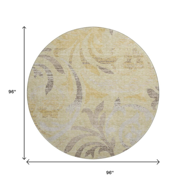 HomeRoots 8' Washable Gold Beige Taupe Floral Round Rug with UV Protection for Timeless Elegance & Durability 664119