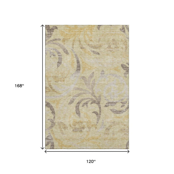 HomeRoots 10' Transitional Floral Area Rug in Gold, Beige & Taupe - Washable, UV-Protected & Durable Design 664122