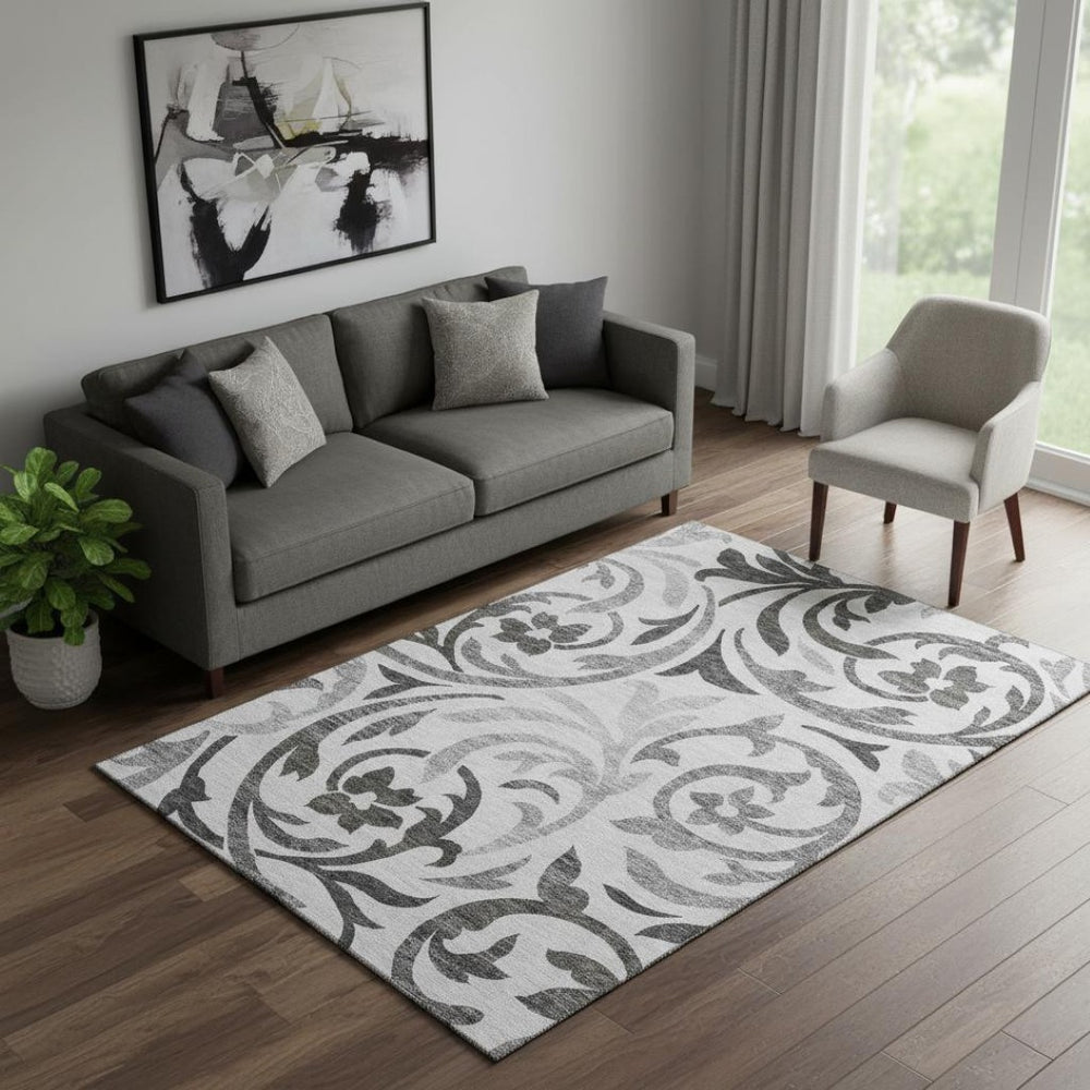 HomeRoots 5' X 8' Elegant Gray Ivory Silver Floral Area Rug – Washable, UV Protected & Stain Resistant Design 664124