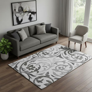 HomeRoots 5' X 8' Elegant Gray Ivory Silver Floral Area Rug – Washable, UV Protected & Stain Resistant Design 664124