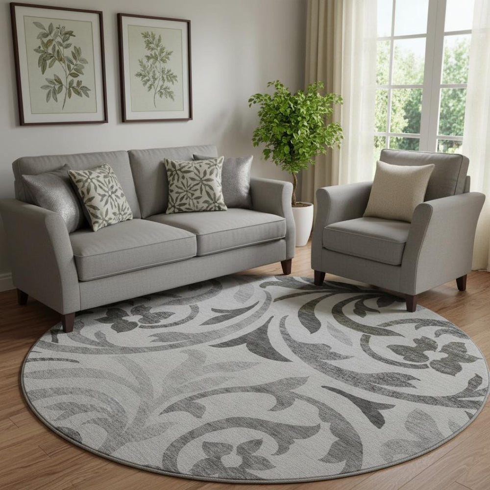 HomeRoots 8' Gray Ivory Silver Floral Washable Round Area Rug - UV Protected, Stain-Resistant & Stylish Decor 664125