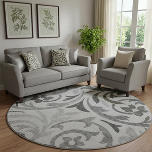 HomeRoots 8' Gray Ivory Silver Floral Washable Round Area Rug - UV Protected, Stain-Resistant & Stylish Decor 664125
