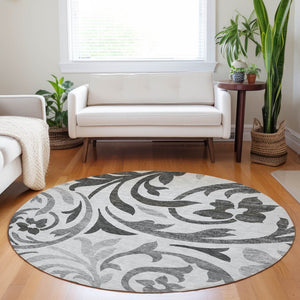 HomeRoots 8' Gray Ivory Silver Floral Washable Round Area Rug - UV Protected, Stain-Resistant & Stylish Decor 664125