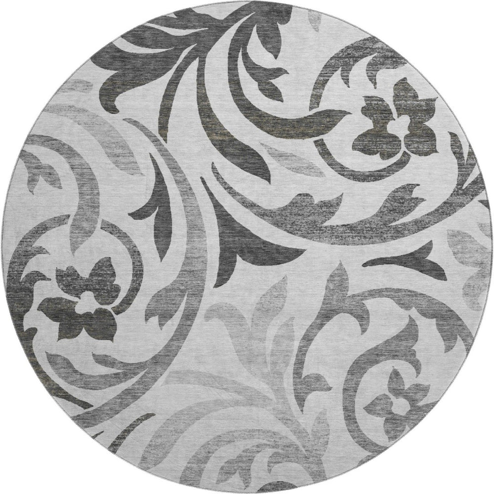 HomeRoots 8' Gray Ivory Silver Floral Washable Round Area Rug - UV Protected, Stain-Resistant & Stylish Decor 664125