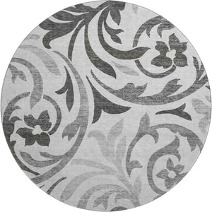 HomeRoots 8' Gray Ivory Silver Floral Washable Round Area Rug - UV Protected, Stain-Resistant & Stylish Decor 664125