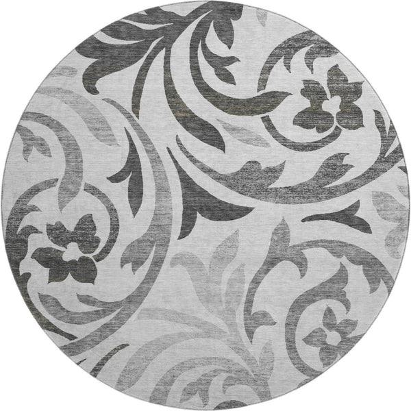 HomeRoots 8' Gray Ivory Silver Floral Washable Round Area Rug - UV Protected, Stain-Resistant & Stylish Decor 664125