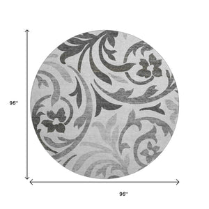 HomeRoots 8' Gray Ivory Silver Floral Washable Round Area Rug - UV Protected, Stain-Resistant & Stylish Decor 664125