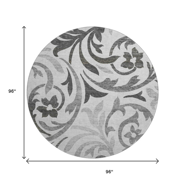 HomeRoots 8' Gray Ivory Silver Floral Washable Round Area Rug - UV Protected, Stain-Resistant & Stylish Decor 664125
