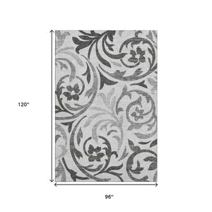 HomeRoots 8' X 10' Gray Ivory Silver Floral Area Rug - Stylish, Washable, Stain Resistant & UV Protected Decor 664126