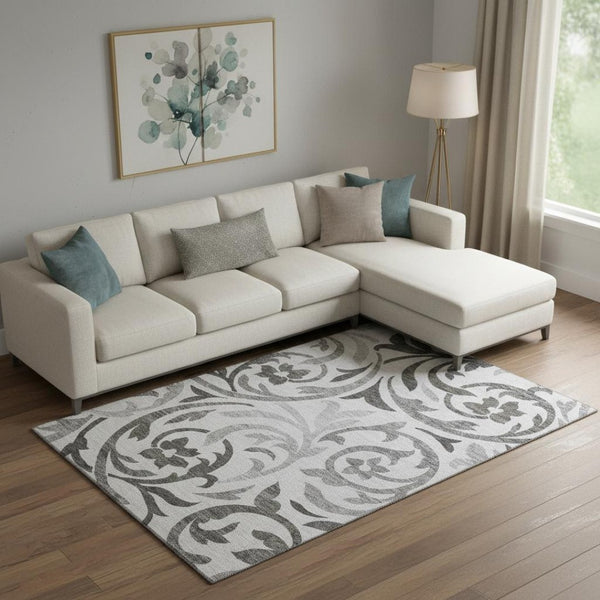 HomeRoots 8' X 10' Gray Ivory Silver Floral Area Rug - Stylish, Washable, Stain Resistant & UV Protected Decor 664126