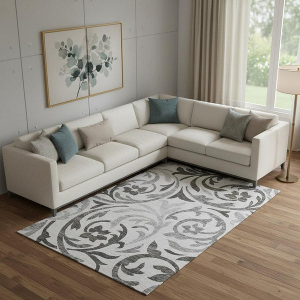 HomeRoots 9' X 12' Floral Gray Ivory Silver Area Rug - Washable, UV Protected, Stain Resistant for High Traffic Spaces 664127