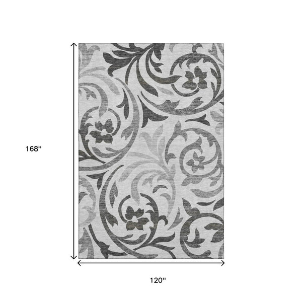 HomeRoots 10' Gray Ivory and Silver Floral Washable Area Rug - Durable, UV-Protected, Perfect for Busy Homes 664128
