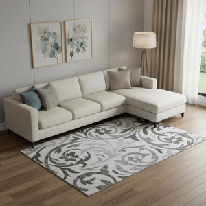 HomeRoots 10' Gray Ivory and Silver Floral Washable Area Rug - Durable, UV-Protected, Perfect for Busy Homes 664128