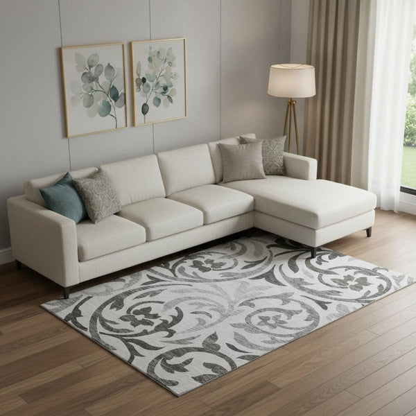 HomeRoots 10' Gray Ivory and Silver Floral Washable Area Rug - Durable, UV-Protected, Perfect for Busy Homes 664128