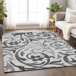 HomeRoots 10' Gray Ivory and Silver Floral Washable Area Rug - Durable, UV-Protected, Perfect for Busy Homes 664128