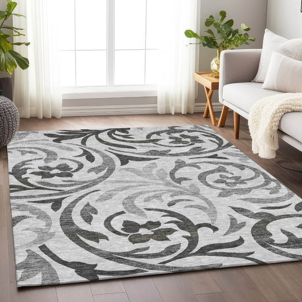 HomeRoots 10' Gray Ivory and Silver Floral Washable Area Rug - Durable, UV-Protected, Perfect for Busy Homes 664128