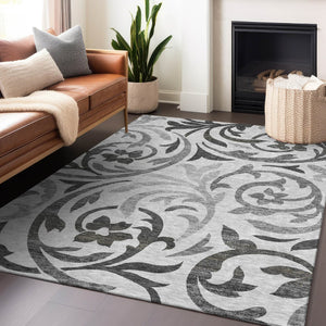 HomeRoots 10' Gray Ivory and Silver Floral Washable Area Rug - Durable, UV-Protected, Perfect for Busy Homes 664128
