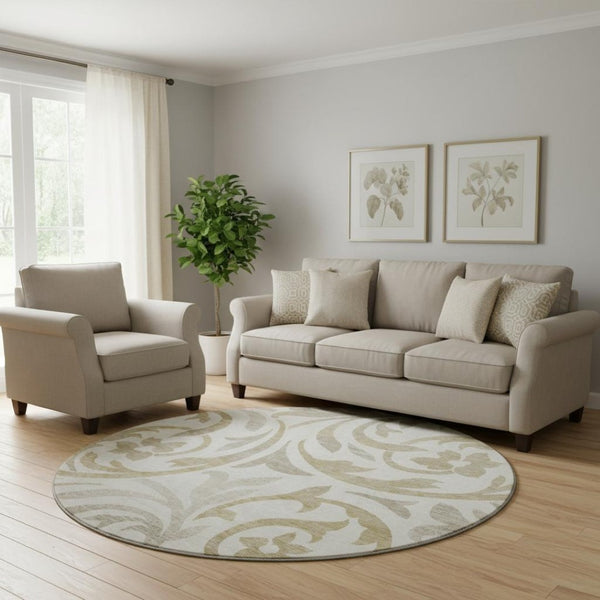 HomeRoots 8' Ivory Beige and Taupe Floral Washable Round Rug - Stylish, Durable, UV-Protected for Any Space! 664137
