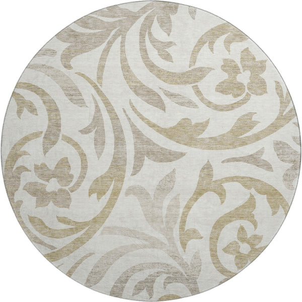 HomeRoots 8' Ivory Beige and Taupe Floral Washable Round Rug - Stylish, Durable, UV-Protected for Any Space! 664137